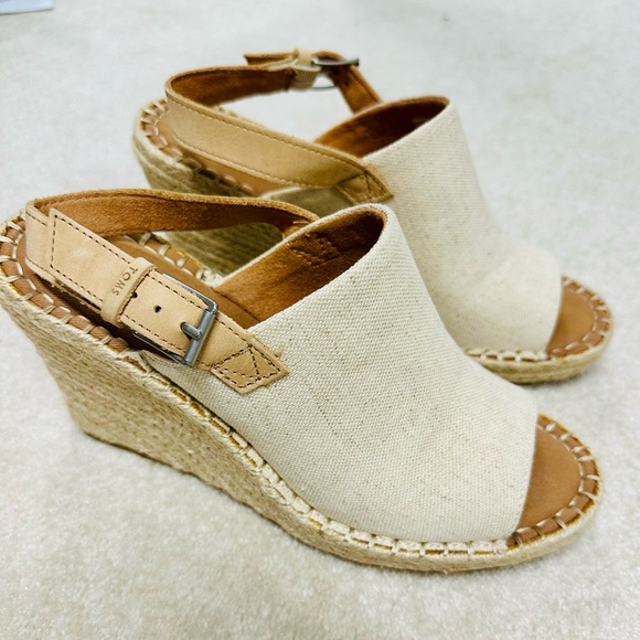 Toms Shoes - Toms Cream Canvas and Tan Leather Espadrille Wedge Sandals